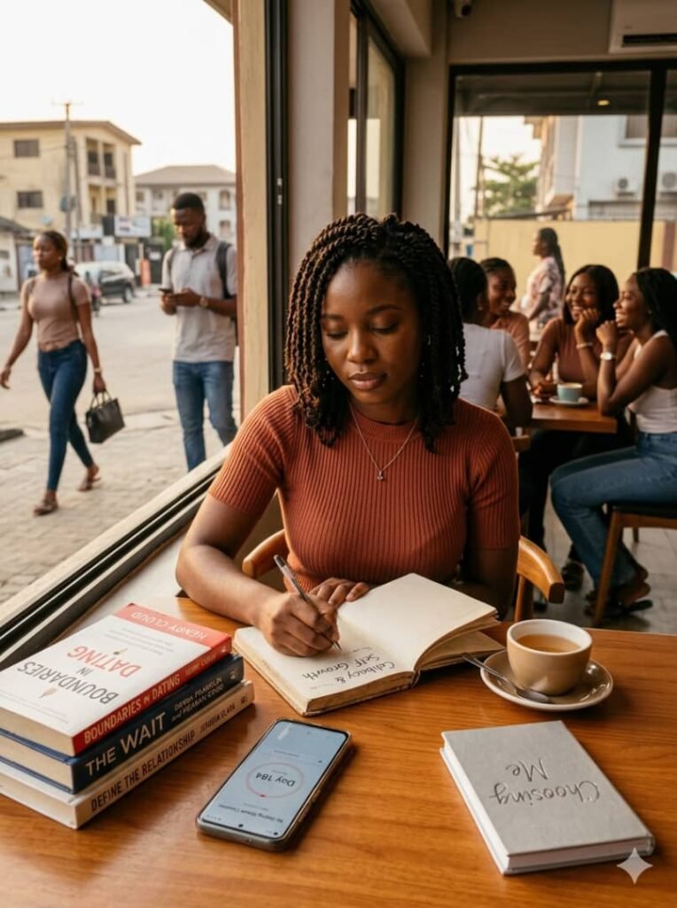 A young Nigerian woman with natural twists sits at a sunlit cafe table, writing in a journal titled "Celibacy & Self Growth." A stack of books on dating boundaries and a phone showing a "Day 184" counter are on the table.