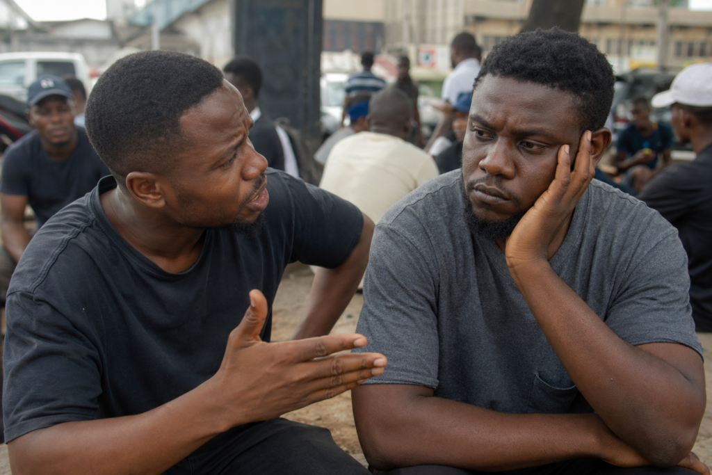 Two Nigerian men having a serious conversation outdoors while discussing life advice and personal struggles.