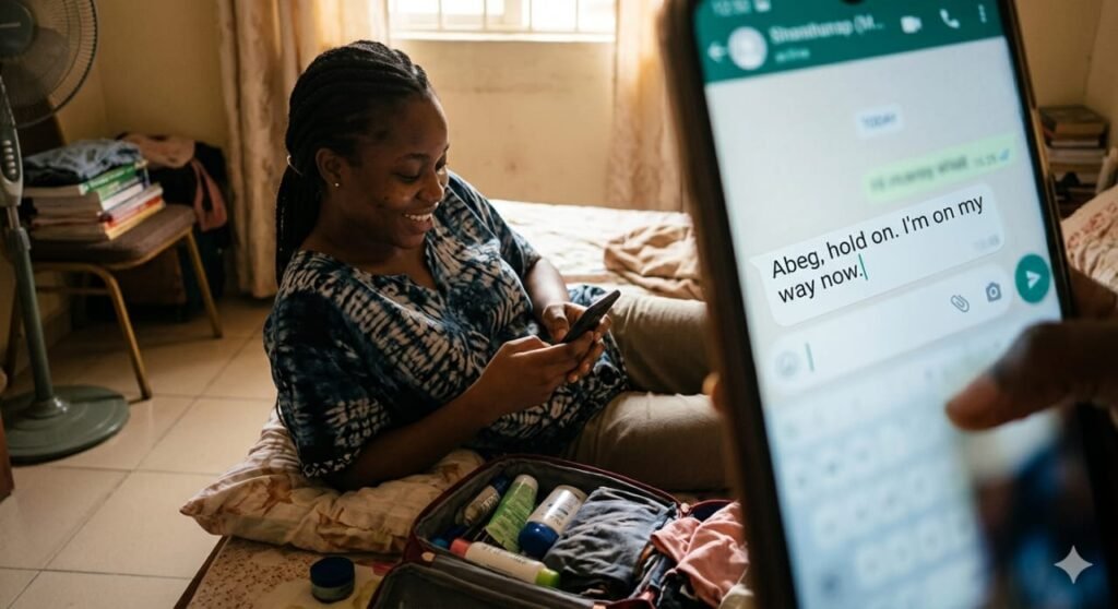 Close-up of a mobile phone screen showing a chat message that says "Abeg, hold on. I'm on my way now."
