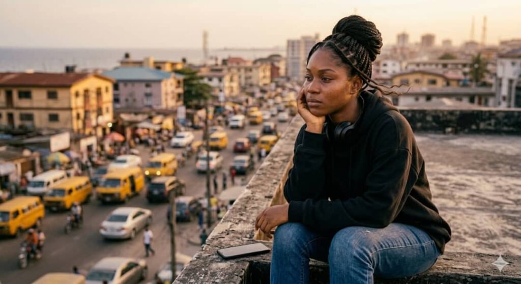 A young Black woman with braided hair, wearing a black hoodie and blue jeans, sits alone and pensive on a concrete rooftop ledge overlooking a bustling city street with heavy traffic in Lagos, Nigeria, at sunset.