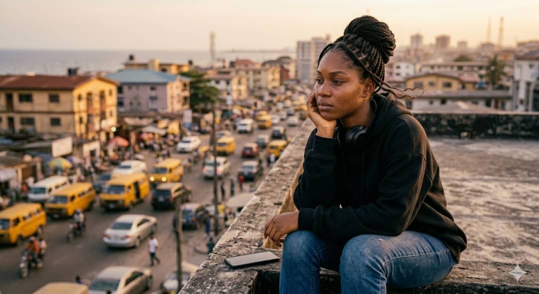 A young Black woman with braided hair, wearing a black hoodie and blue jeans, sits alone and pensive on a concrete rooftop ledge overlooking a bustling city street with heavy traffic in Lagos, Nigeria, at sunset.