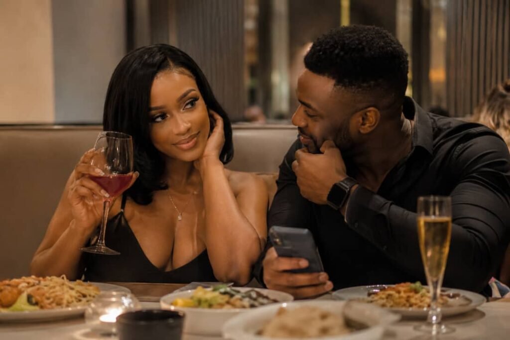 A stylish Nigerian couple enjoys an upscale dinner date while smiling at each other in a softly lit restaurant.