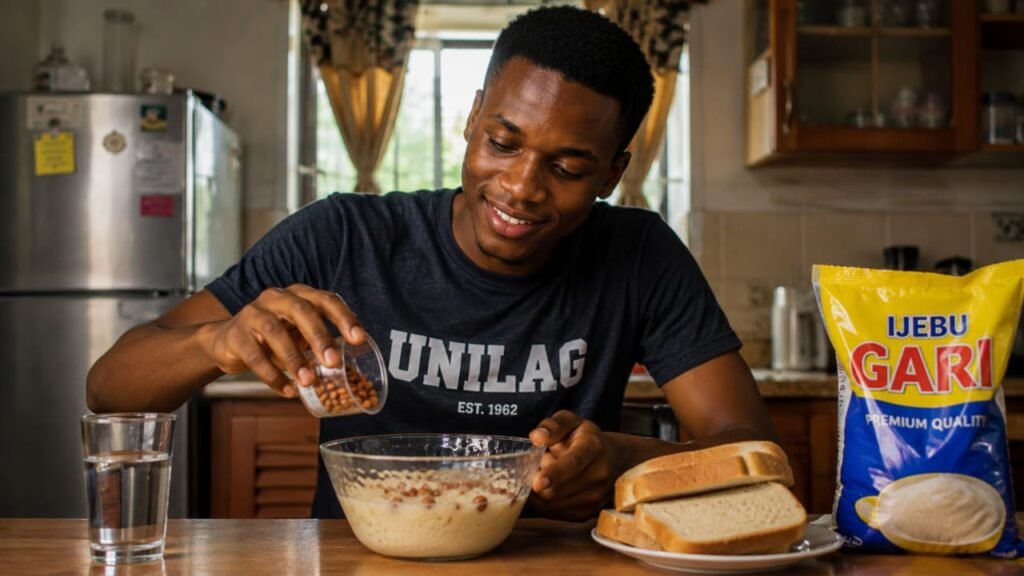 A happy young Nigerian student prepares soaked white garri with groundnuts and sliced bread at a cozy kitchen table.