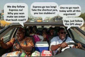 Funny Nigerian passengers arguing loudly inside a car on the Lagos expressway about taking the Express or shortcut, with speech bubbles showing their disagreement.