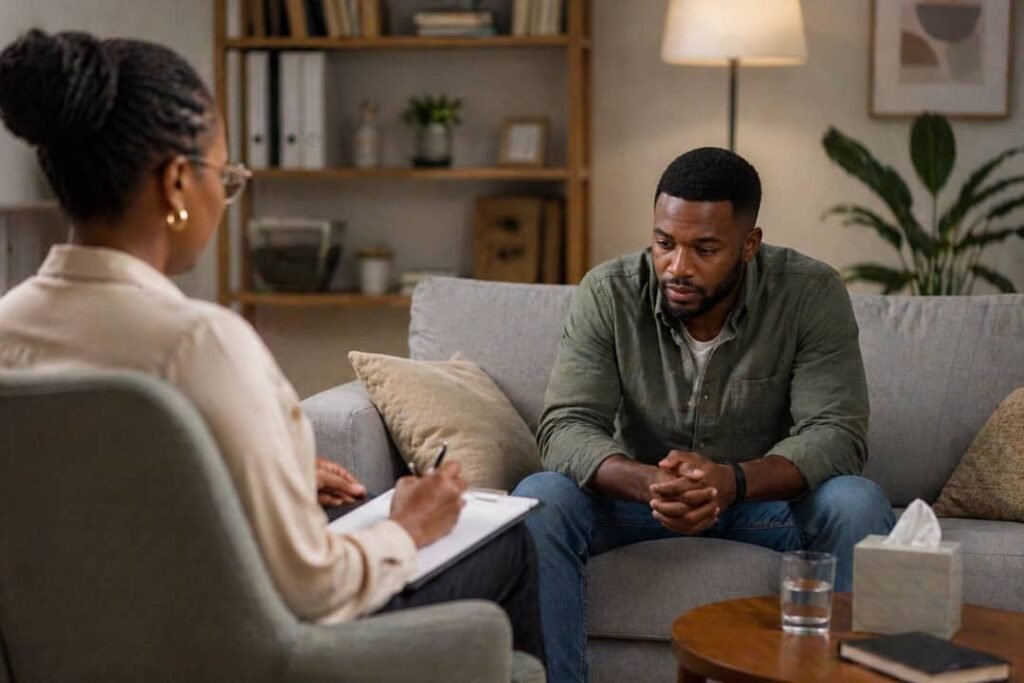 Black man in a therapy session speaking with a female therapist in a calm, modern room.