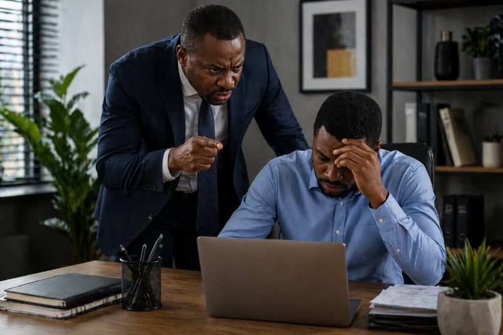 A stressed employee sits at a desk while an angry boss leans over him in a tense office confrontation.