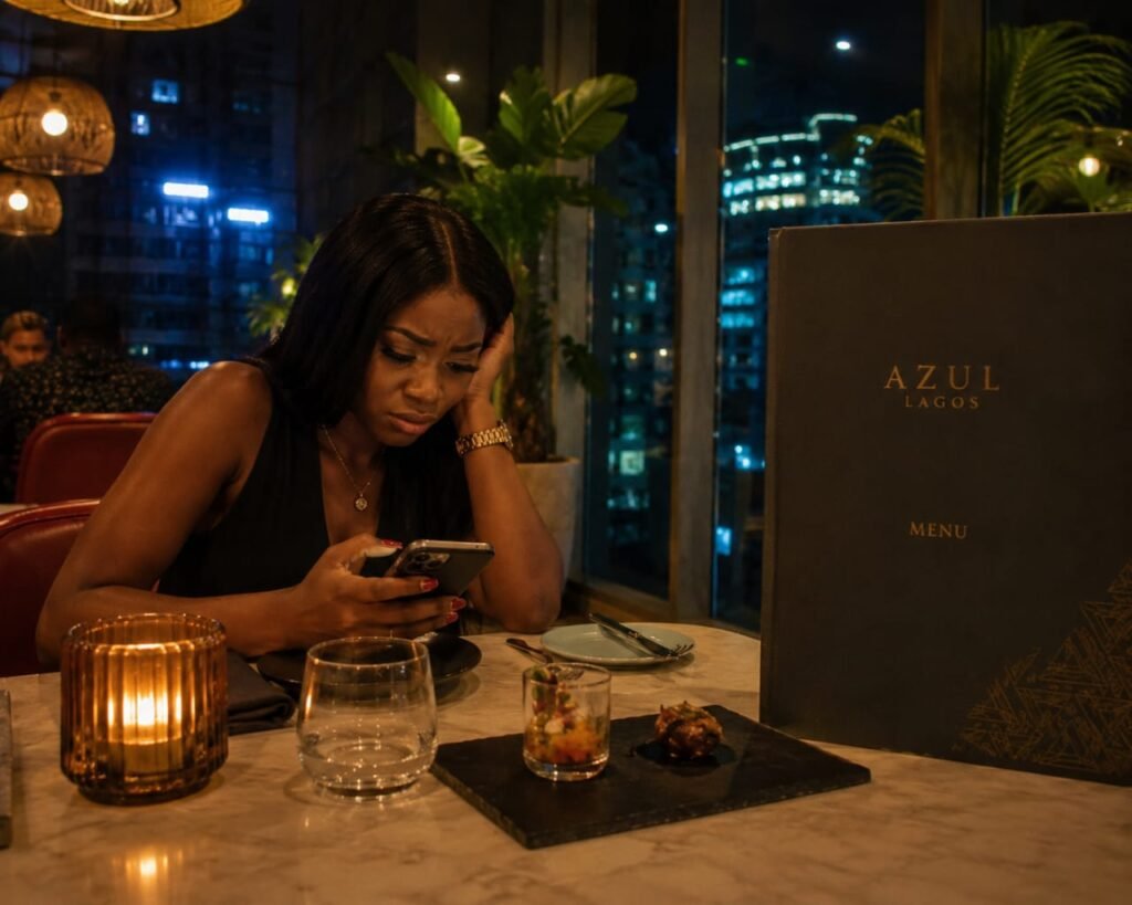 A frustrated young Nigerian woman sits at an overly aesthetic Lagos restaurant table with tiny food portions and an oversized menu while checking her phone.