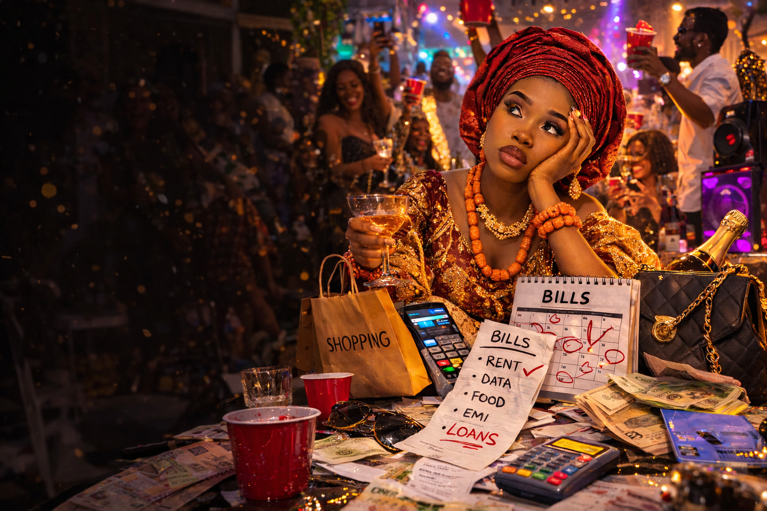 Nigerian woman in traditional attire sitting at a table with bills and cash while a lively party happens in the background.