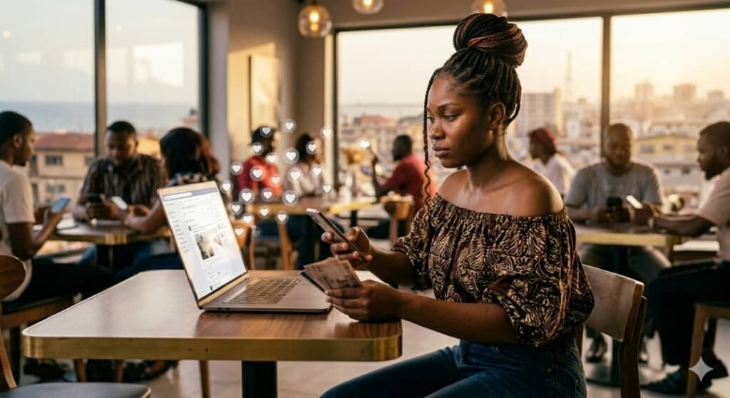 A young Black woman with braided hair sits at a café table, holding a phone and local currency, next to an open laptop that is surrounded by floating heart icons. The background shows blurred people and a city skyline at sunset.