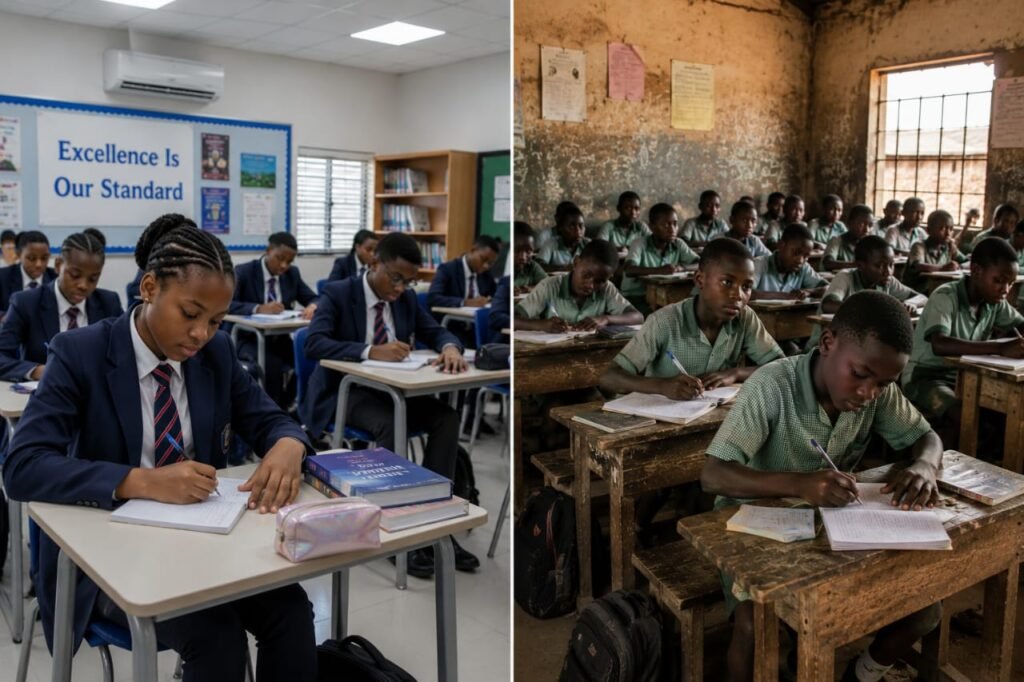 Side-by-side comparison of Nigerian private and public school classrooms with students studying in different learning environments.