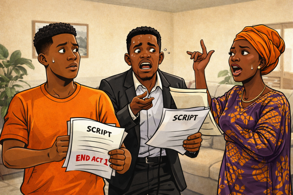 Three Nigerians at home looking confused while holding script papers, symbolizing improvising in life.