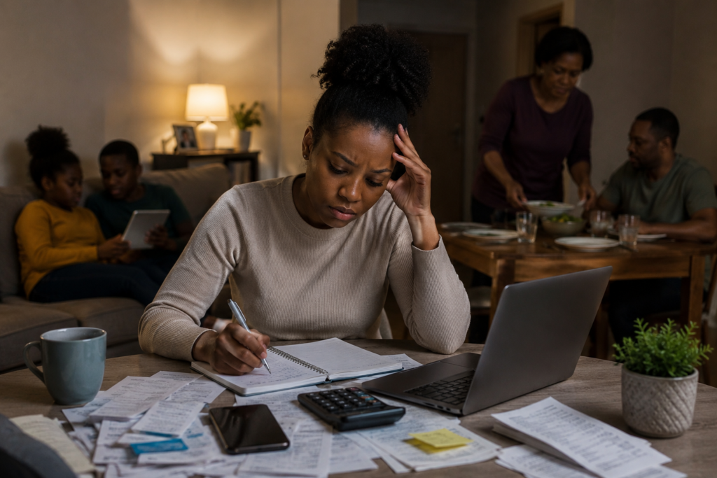 Young Black woman looking stressed while handling bills and responsibilities at home as family members relax in the background.