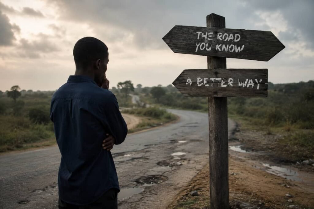 A thoughtful Nigerian man sits beside a damaged road, reflecting quietly while facing a long, difficult path ahead.