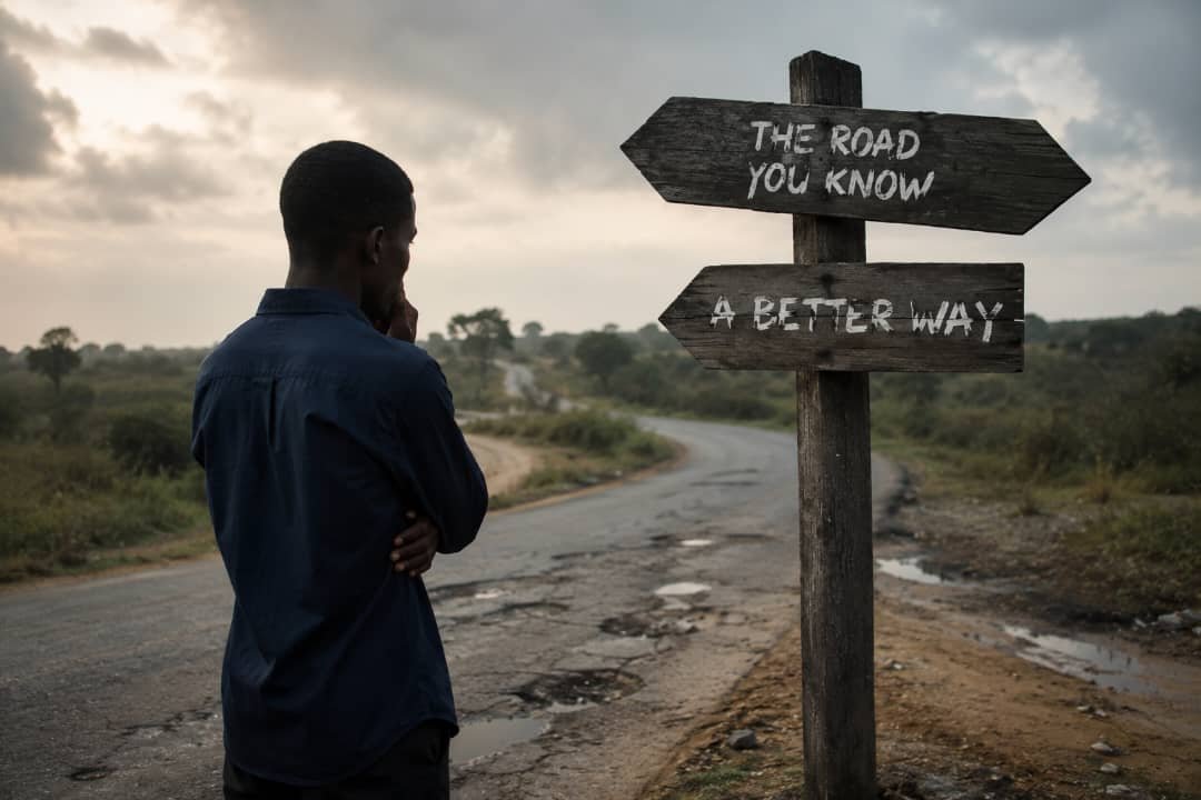 A thoughtful Nigerian man sits beside a damaged road, reflecting quietly while facing a long, difficult path ahead.