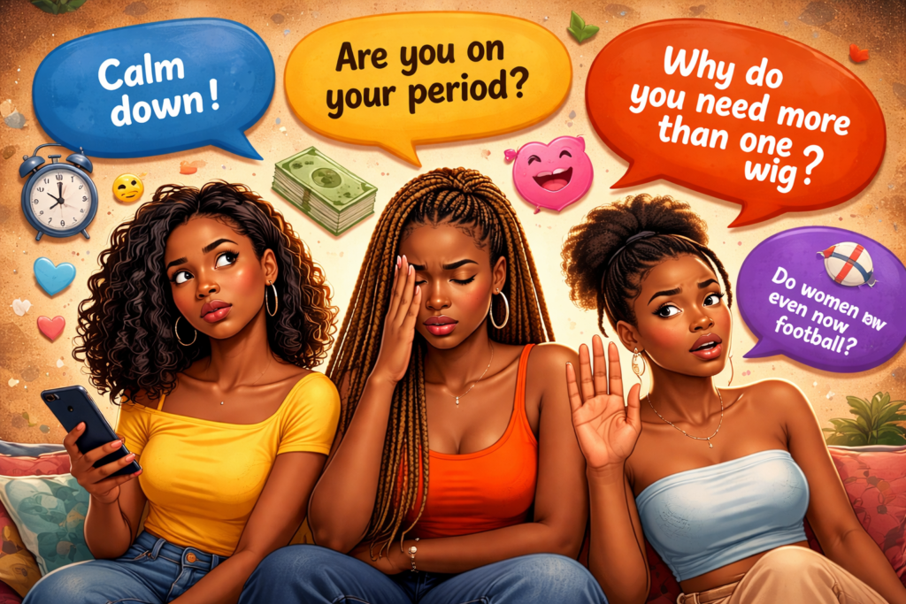 Illustration of three Nigerian women looking frustrated as speech bubbles show common things Nigerian girls are tired of explaining to Nigerian men.