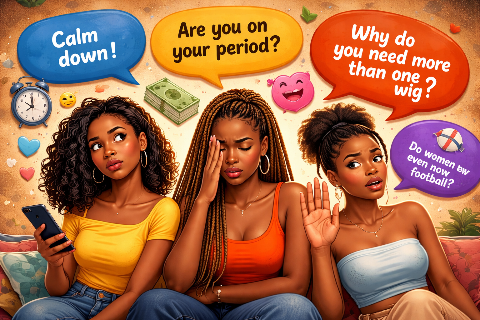 Illustration of three Nigerian women looking frustrated as speech bubbles show common things Nigerian girls are tired of explaining to Nigerian men.