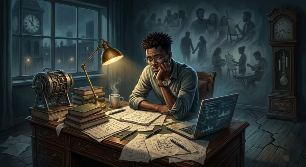 A pensive Black man sits at a cluttered desk at midnight, surrounded by blueprints and books, while ghostly silhouettes of joyful social gatherings fade into the background, illustrating the isolation of high achievement.