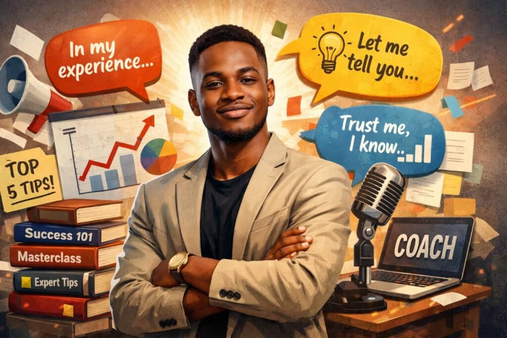 Young Nigerian man surrounded by charts, books, and speech bubbles symbolizing people claiming expertise after one experience.