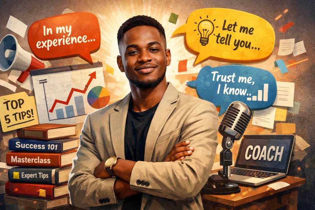 Young Nigerian man surrounded by charts, books, and speech bubbles symbolizing people claiming expertise after one experience.