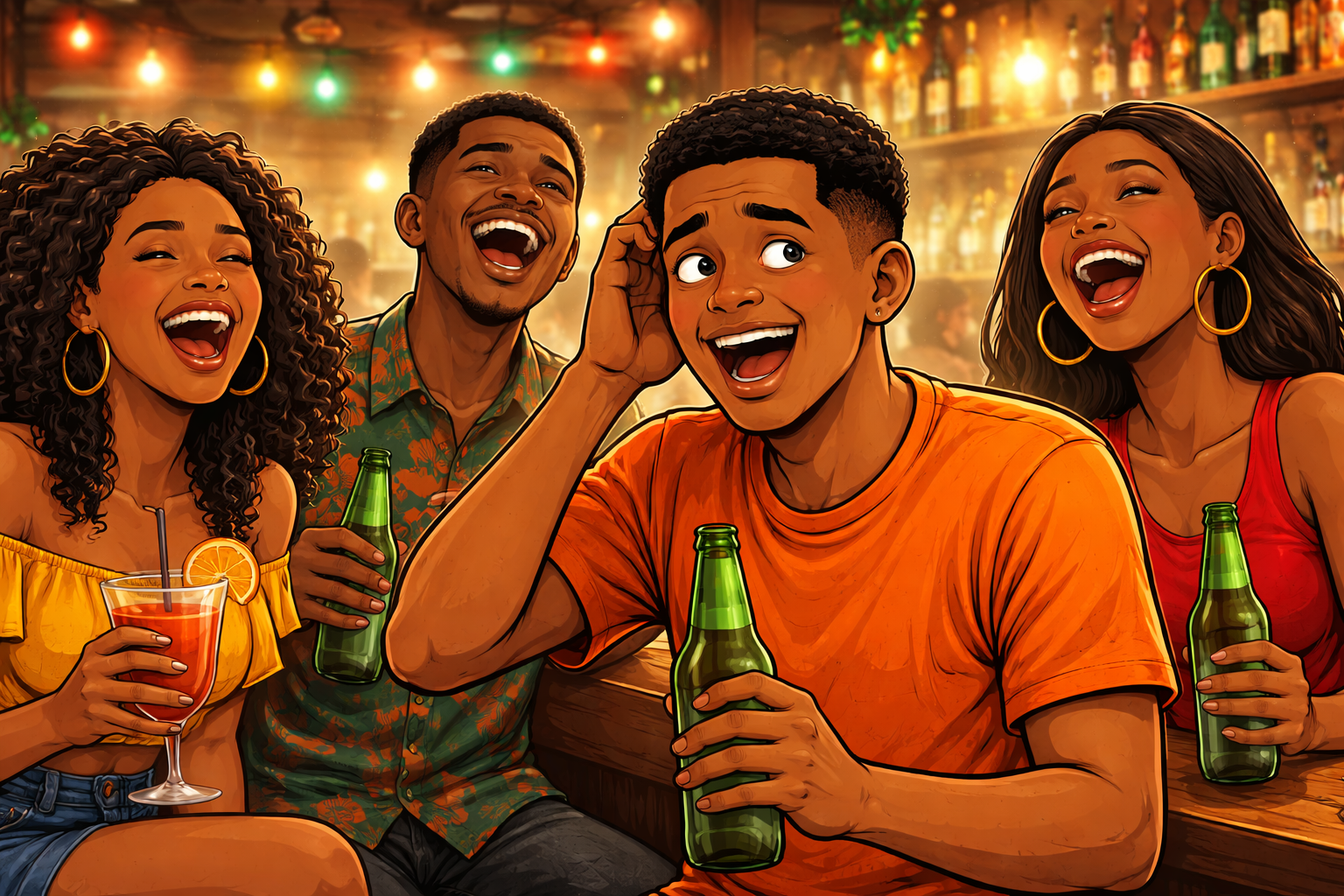 Young Nigerians laughing together in a bar as one person fakes laughter without understanding the joke.
