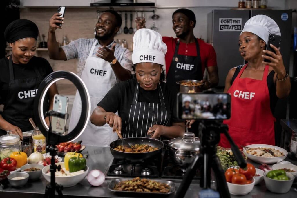 Young Nigerians film cooking content in a modern kitchen while preparing different meals for social media audiences.