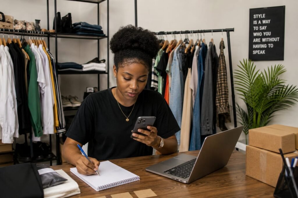 A young Nigerian entrepreneur works in a small fashion business space surrounded by clothing racks, packaging boxes, and a laptop.