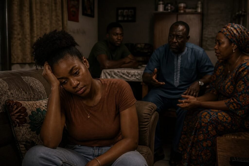 Tired young Black woman sitting alone while older family members talk in the background, showing emotional pressure at home.