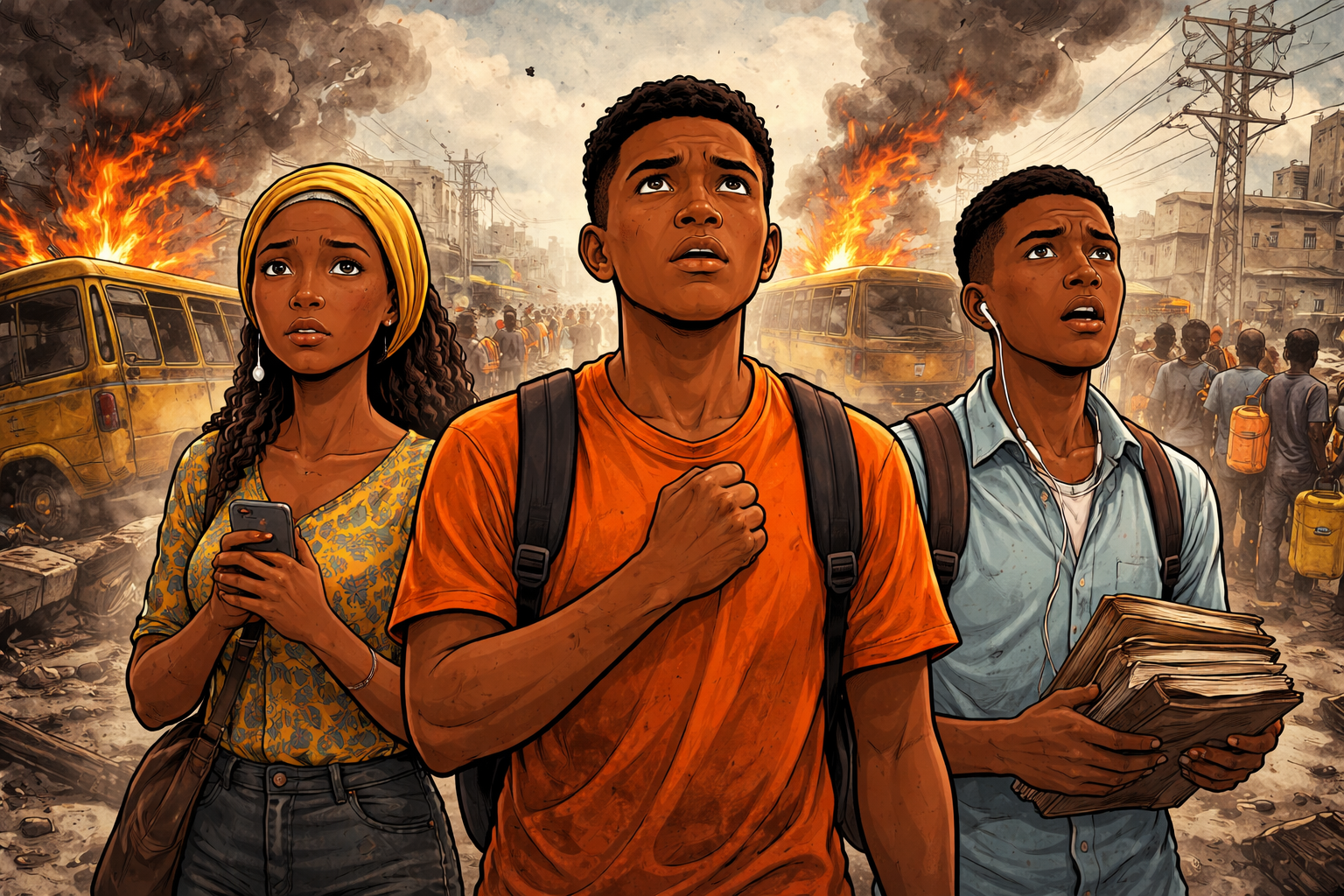 Three Nigerian youths standing in a chaotic Lagos street with fire and smoke behind them, showing resilience and distress.