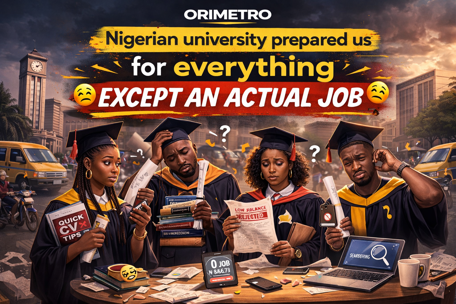 Nigerian graduates in academic gowns looking frustrated with job search documents and rejection letters in a Lagos setting.