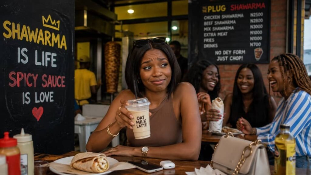 A young Nigerian woman holds an oat milk latte at a busy Lagos shawarma spot while her amused friends laugh together in the background.