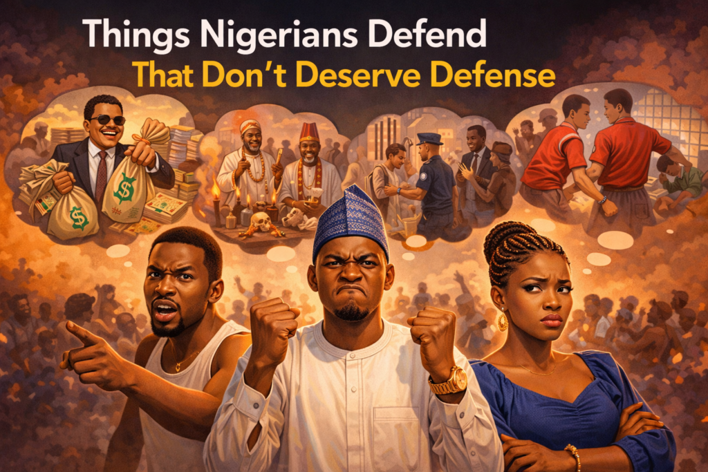 Illustration showing Nigerians passionately defending controversial issues such as corruption, police abuse, and harmful traditions.