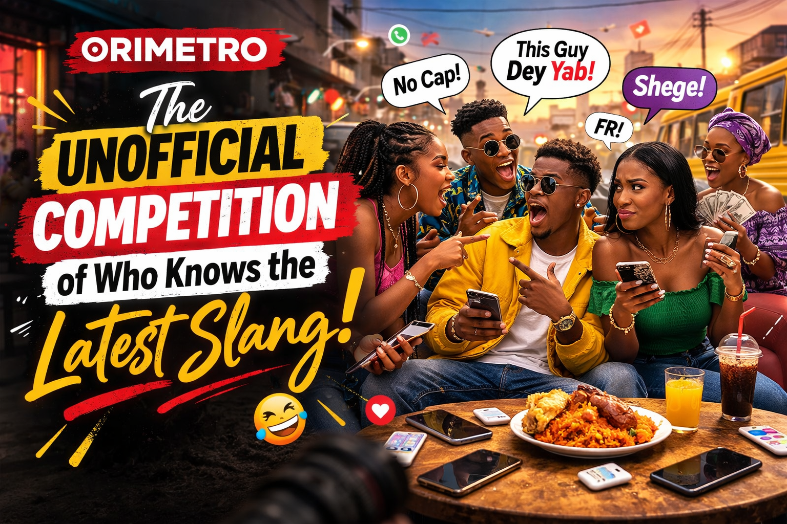 Young Nigerians arguing playfully over latest slang words at a Lagos street café with speech bubbles and smartphones.