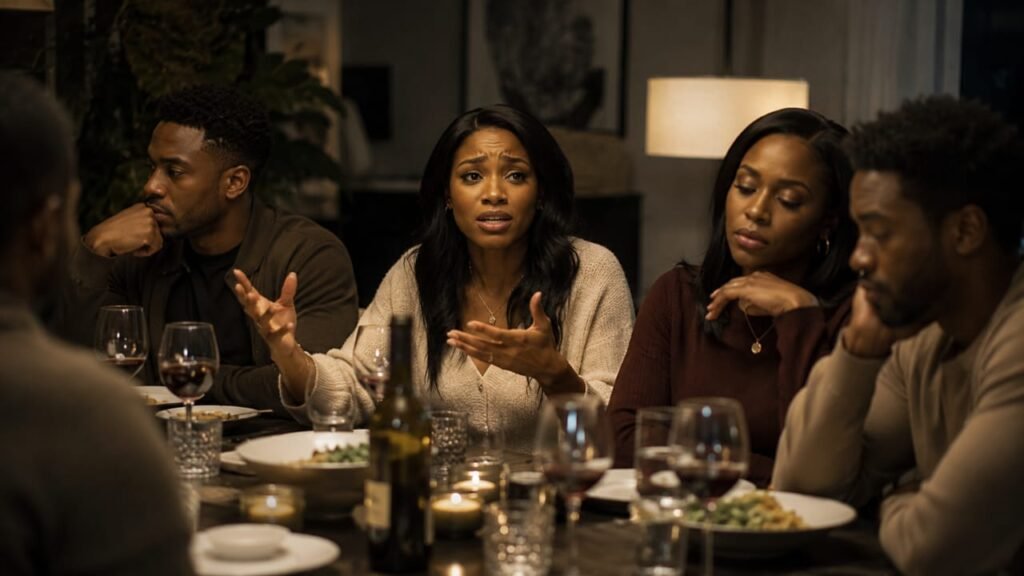 A woman speaks emotionally at a dinner table while the people around her avoid eye contact and stare away with distant expressions.