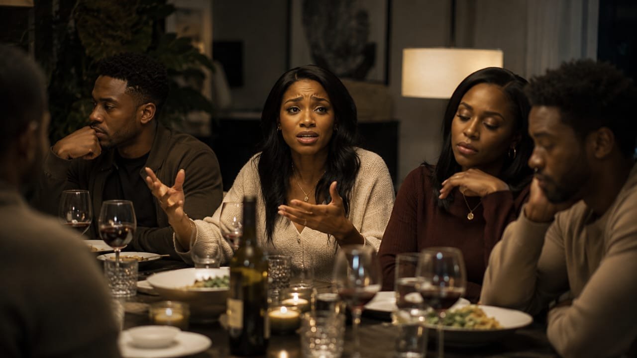 A woman speaks emotionally at a dinner table while the people around her avoid eye contact and stare away with distant expressions.