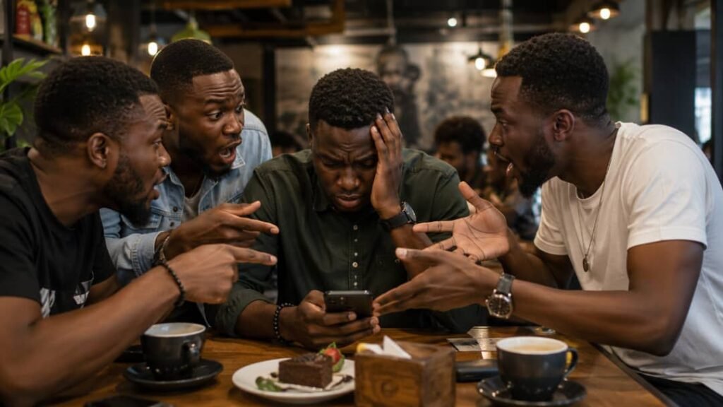 A stressed young Nigerian man sits at a café table while three animated friends passionately point at his phone and give loud relationship advice.