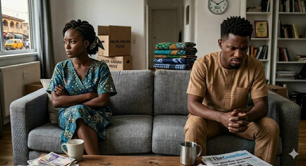 A tense Nigerian couple sitting apart on a grey sofa in a living room filled with moving boxes and cultural items, reflecting a sense of conflict and emotional distance.