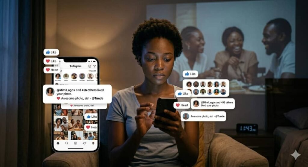 A hyper-realistic photograph of a young African woman sitting in a dark room at night, her face lit by a glowing smartphone. Floating digital notifications surround her, while a warm, blurred projection of her laughing with friends appears on the wall behind her.