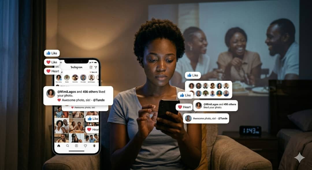 A hyper-realistic photograph of a young African woman sitting in a dark room at night, her face lit by a glowing smartphone. Floating digital notifications surround her, while a warm, blurred projection of her laughing with friends appears on the wall behind her.