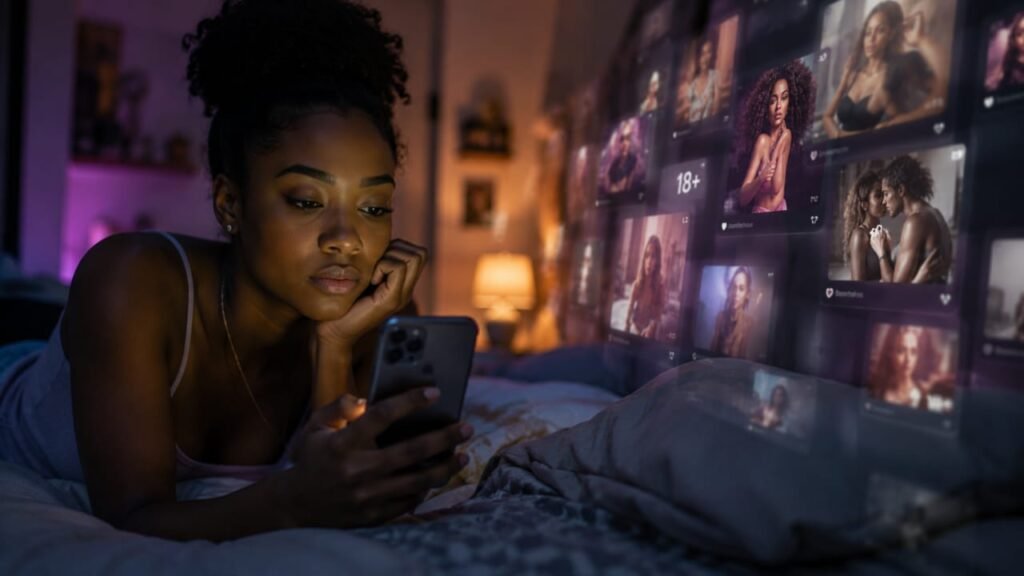 A young woman lies on a bed in a dimly lit room at night, staring at her phone while surrounded by glowing social media visuals representing constant online exposure.