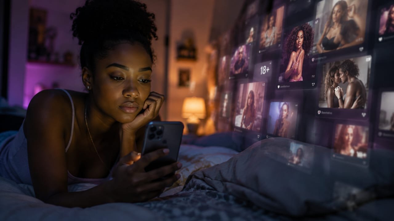 A young woman lies on a bed in a dimly lit room at night, staring at her phone while surrounded by glowing social media visuals representing constant online exposure.