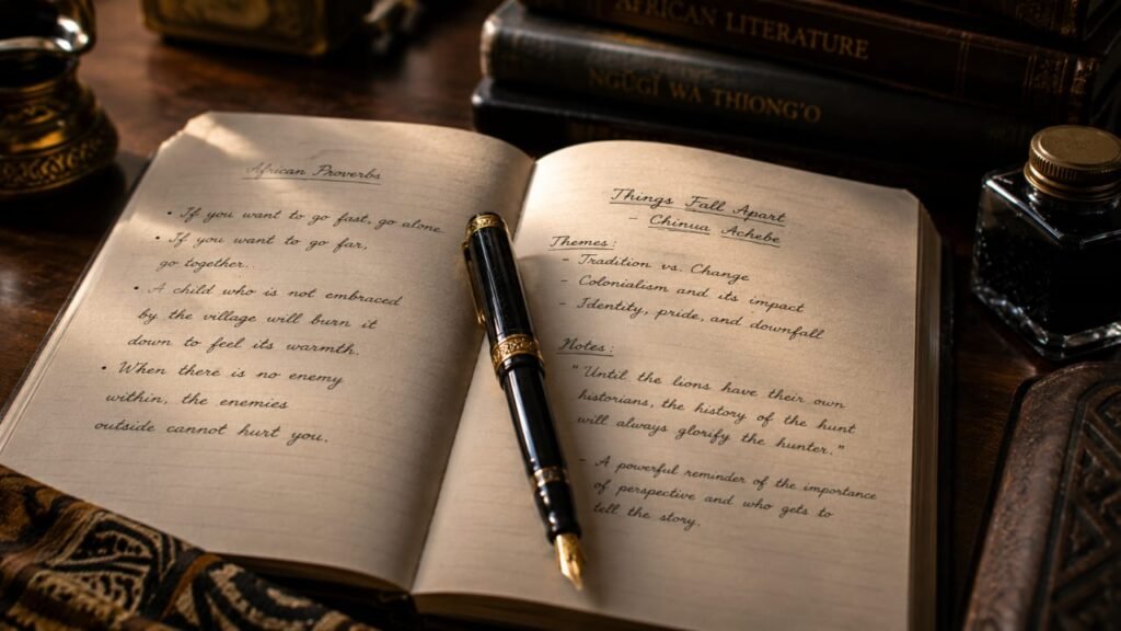A cinematic close-up of a vintage fountain pen resting on an open notebook filled with handwritten African proverbs and literature notes on a wooden desk.