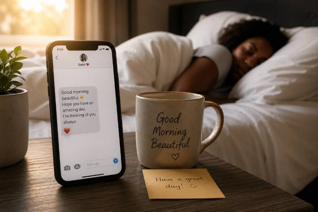 Smartphone displaying a sweet good morning text beside a coffee mug on a bedside table with a person sleeping in a cozy, sunlit bedroom.