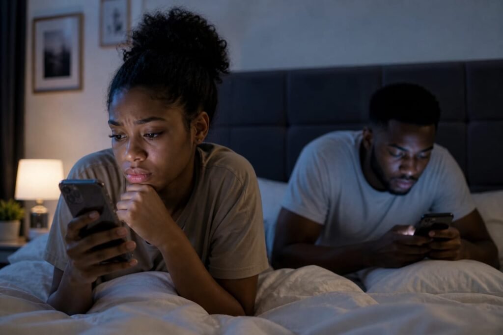 Young Nigerian couple lying in bed at night, both focused on their phones, showing emotional distance.
