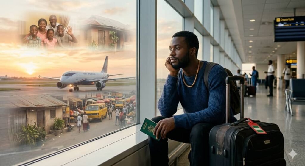 A young Black man in a blue sweater stands in a modern airport terminal, looking thoughtfully at a vision of a family and a market that is superimposed over the airport background.