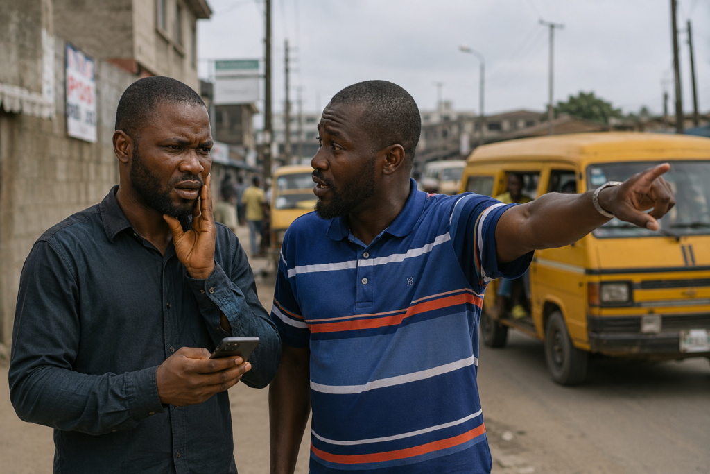 ### Alt Text: Two Nigerian men stand on a busy street as one gives confusing directions while the other looks frustrated and lost with a phone in hand.