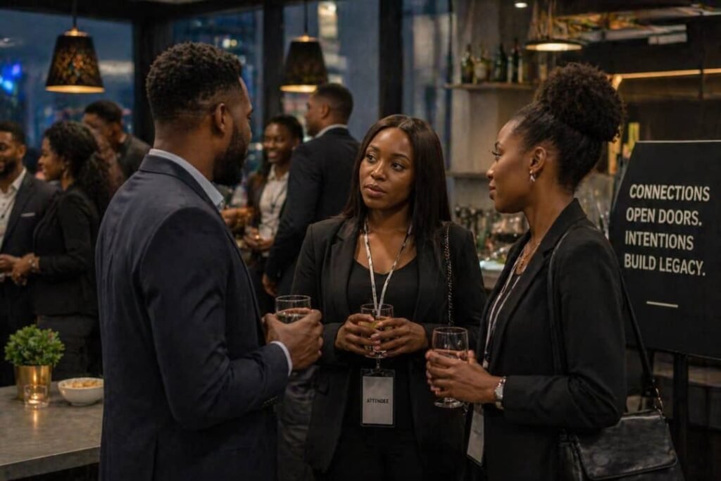 Black professionals networking at a social event, engaged in conversation with drinks in hand.