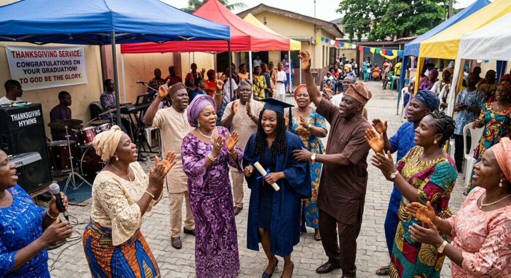 A joyful graduation thanksgiving service in a vibrant outdoor church compound in Nigeria.