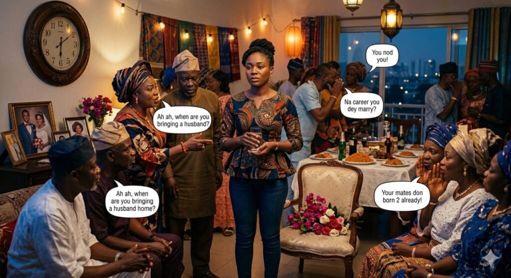 A realistic, cinematic digital illustration of a successful 32-year-old Nigerian woman standing amidst judgmental relatives at a Lagos family party, facing societal pressure to marry.