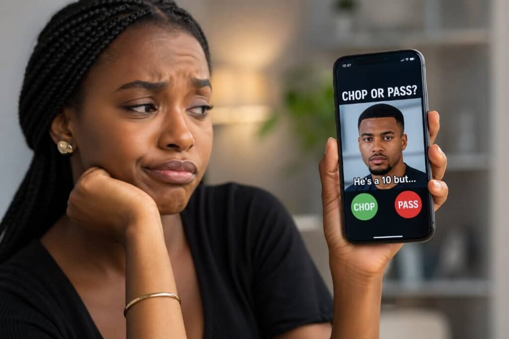 Woman reacting skeptically while holding phone showing “Chop or Pass?” dating challenge.