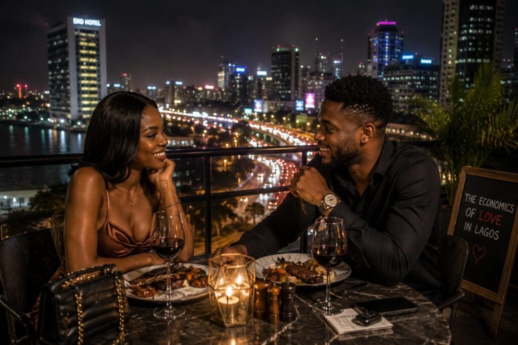 A stylish Nigerian couple enjoys a romantic rooftop dinner in Lagos while surrounded by city lights, luxury dining, and an elegant atmosphere.